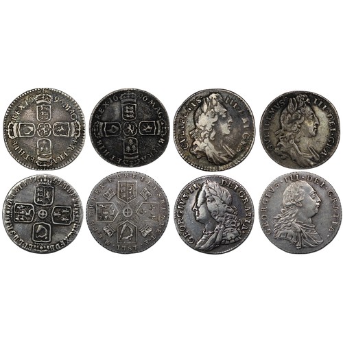 66 - Sixpence (4) all early milled including William III 1696 (2), George II 1757 & George III 1787 n... 