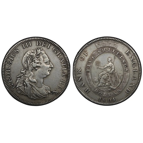 114 - 1804 Bank of England Dollar of 5 Shillings, George III. Type B/2 with 1st leaf of laurel to upright ... 