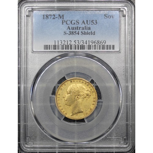 201 - Australia, 1872-M Sovereign, PCGS AU53, Victoria. Melbourne mint, type 2B with M below bust. Subdued... 