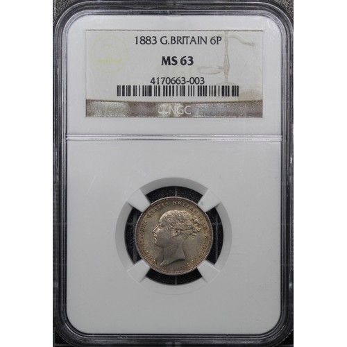 64 - 1883 Sixpence, NGC MS63, Victoria. A lustrous example with soft gold/red reverse toning. UNC or near... 