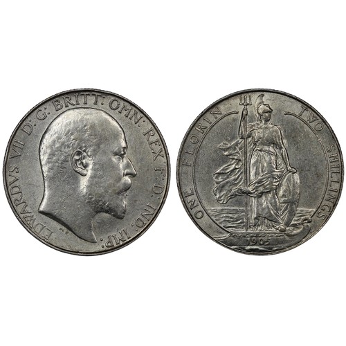 89 - 1905 Florin, Edward VII. Obv. Bare head facing right, Rev. Britannia standing on ship's bow.  The ke... 