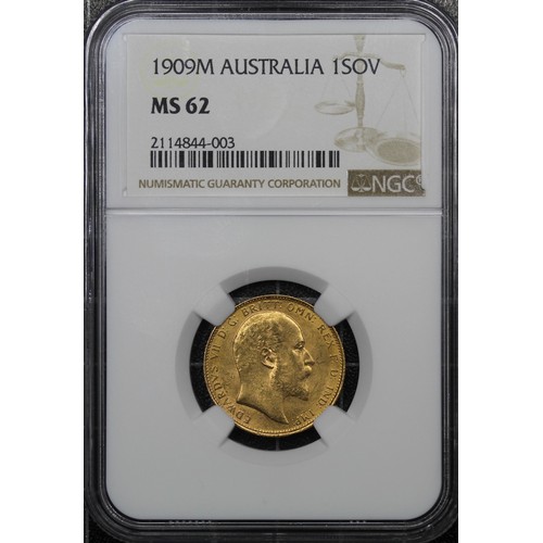 202 - Australia, 1909-M Sovereign, NGC MS62, Edward VII. Melbourne mint. Soft lustre throughout. [Marsh 19... 