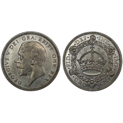 120 - 1928 Crown, George V. Obv. bare head facing left, Rev. crown and date within wreath. Peripheral lust... 