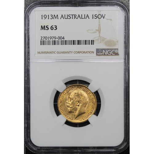 203 - Australia, 1913-M Sovereign, NGC MS63, George V. Melbourne mint. A good, lustrous example with few n... 