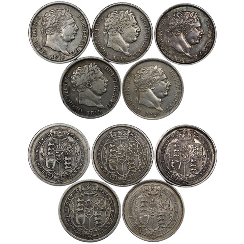 82 - Shilling date run, George III, 1816-1820. Mixed grades, nFine to EF, a couple with attractive rainbo... 