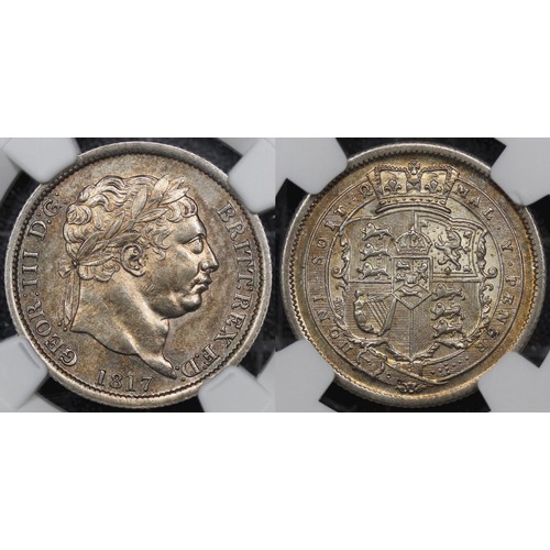 73 - 1817 Shilling, NGC MS62, George III. Attractively toned rainbow tones over underlying lustre. gEF/aU... 