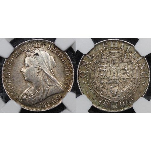 79 - 1896 Shilling, NGC UNC Details, Victoria. Obv. old veiled head, Rev. three crowned shields of Englan... 