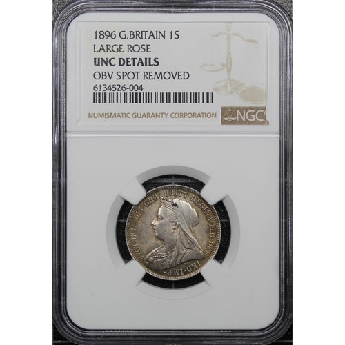 79 - 1896 Shilling, NGC UNC Details, Victoria. Obv. old veiled head, Rev. three crowned shields of Englan... 