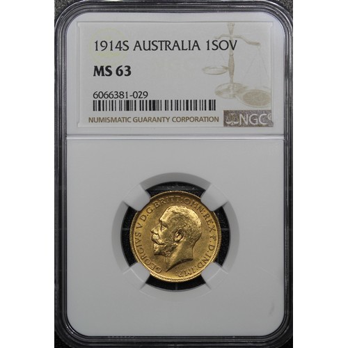 200 - Australia, 1914-S Sovereign, NGC MS63, George V. Sydney mint. Light underlying lustre. UNC or near. ... 