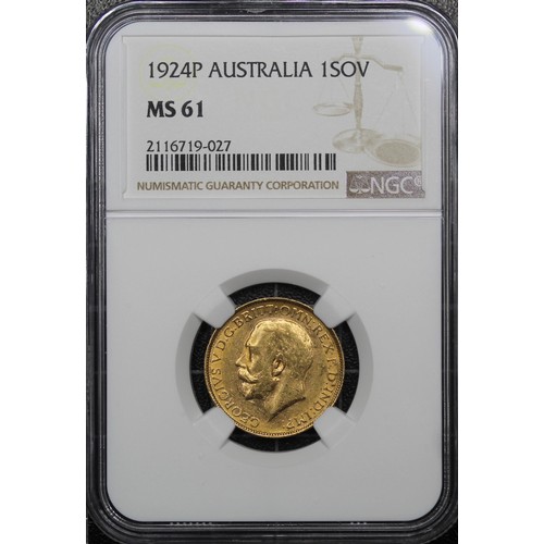 205 - Australia, 1924-P Sovereign, NGC MS61, George V. Perth mint. A small nick on neck and some spots beh... 