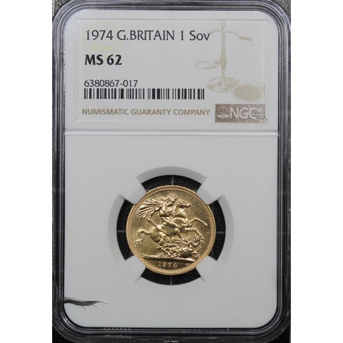 166 - 1974 Sovereign, NGC MS62, Elizabeth II. Obverse portrait by Arnold Machin. Small scratch below chin,... 