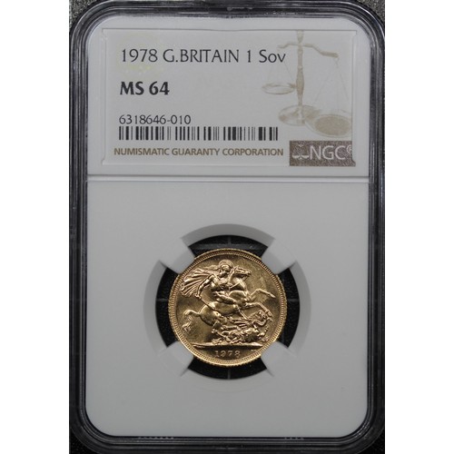 167 - 1978 Sovereign, NGC MS64, Elizabeth II. Obverse portrait by Arnold Machin. Some light reverse rubbin... 