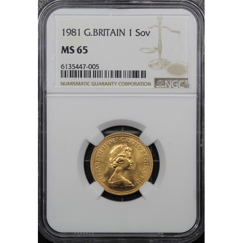 168 - 1981 Sovereign, NGC MS65, Elizabeth II. Obverse portrait by Arnold Machin. A lustrous example genera... 