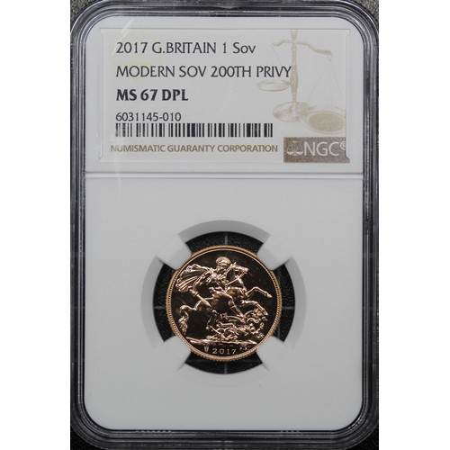 172 - 2017 Sovereign, NGC MS67 DPL, Elizabeth II. Obverse portrait by Jody Clark. A vibrant example with 2... 