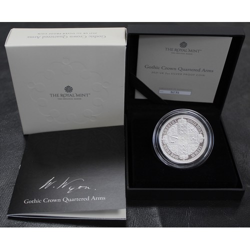 291 - 2021 Silver proof 2oz £5 featuring the Gothic Crown Quartered Arms, part of the Great Engravers Seri... 