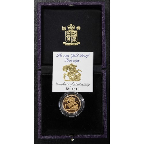 179 - 1994 Proof sovereign, Elizabeth II. Obverse portrait by Raphael Maklouf. Low mintage year unusually ... 