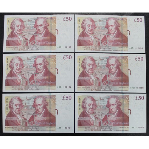 15 - Bank of England £50 banknotes including a serial run of 4 notes and one pair. Series featuring Boult... 