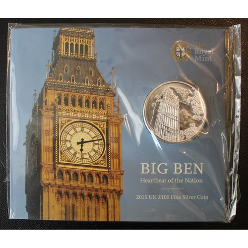 292 - BUNC 2015 fine silver 2oz £100 coin featuring Big Ben. As issued in Royal Mint pack.