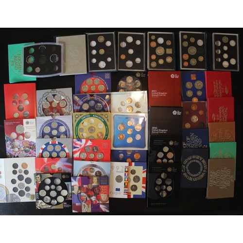 286 - Part-filled assortment of BUNC & proof sets, all split with some coins removed. A full list of t... 