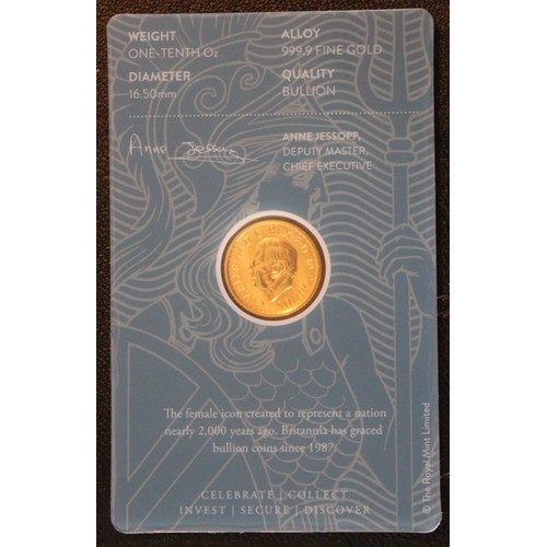 213 - 2023 Gold 1/10oz Britannia, Charles III. Presented in Royal Mint blister pack as issued.