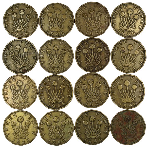 60 - A dealer/stacker lot of 1946 & 1949 brass threepence (16). Mixed grades, the sole 1949 tarnished... 