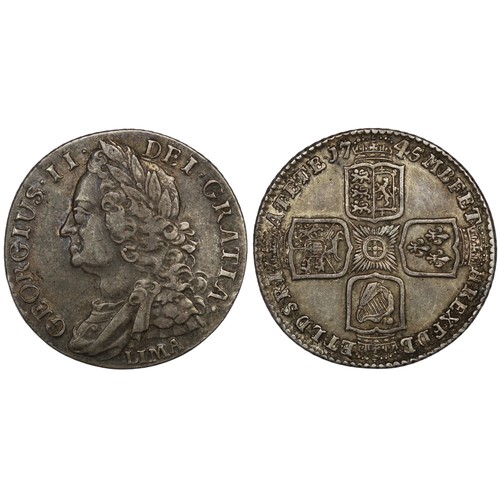 70 - 1745 LIMA Shilling, George II. 7 strings/6 hearts, unrecorded in Bull. Attractvely toned with golden... 