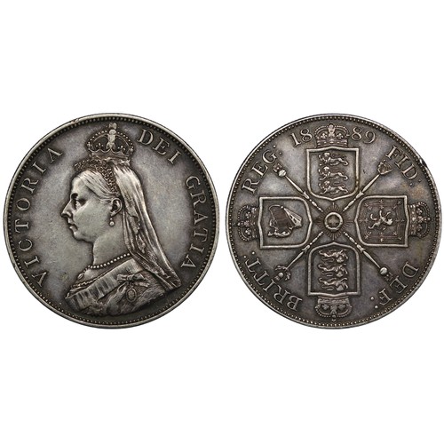 112 - 1889 Double florin, Victoria. Obv. Jubilee bust, Rev. crowned cruciform shields with sceptres in ang... 