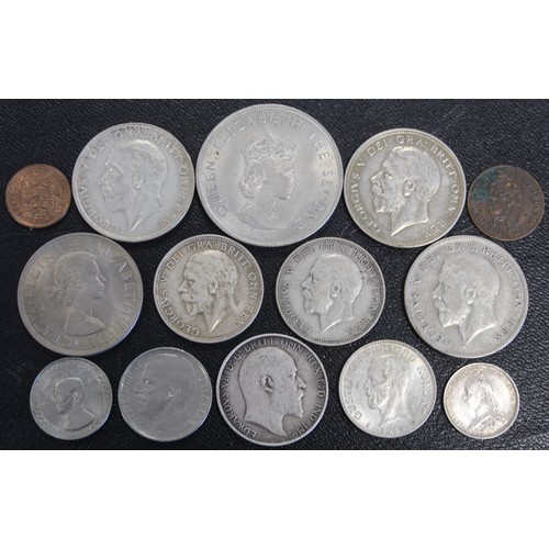 307 - A selection of UK & world coins (14) with many silver issues including 1887 sixpence (aEF), 1903... 