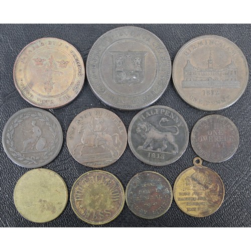 22 - Assorted tokens & medals (11) to include Robert Blake Norwich twopence. Mixed grades.