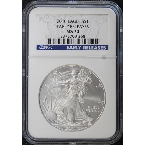 300 - USA, NGC MS70 2010 1oz silver Eagle dollar. Presented in Early releases Eagle holder. FDC.... 