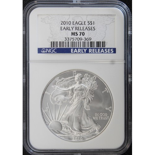 301 - USA, NGC MS70 2010 1oz silver Eagle dollar. Presented in Early releases Eagle holder. FDC.... 