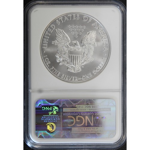 301 - USA, NGC MS70 2010 1oz silver Eagle dollar. Presented in Early releases Eagle holder. FDC.... 