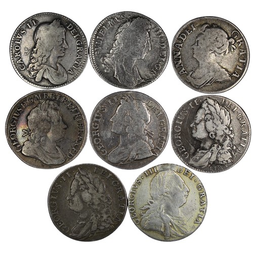 81 - Early milled shillings (8) comprising 1663, 1696, 1709, 1723 SSC, 1739, 1745 LIMA, 1747 & 1787 n... 