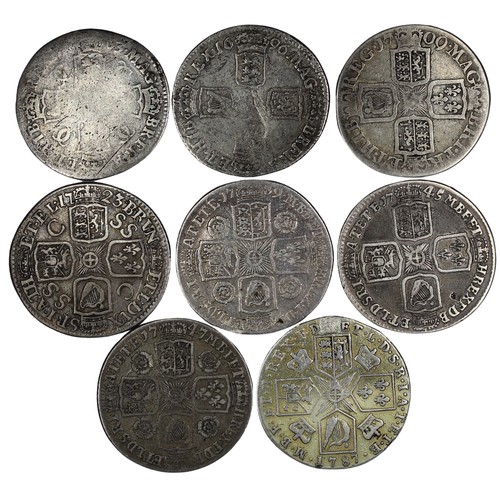 81 - Early milled shillings (8) comprising 1663, 1696, 1709, 1723 SSC, 1739, 1745 LIMA, 1747 & 1787 n... 