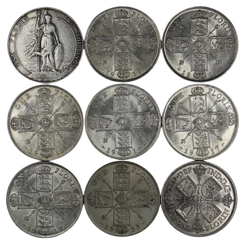 92 - Florins (9), Edward VII & George V, including 1905, 1911 (2), 1915, 1916, 1917, 1918, 1922 &... 