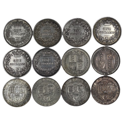 85 - Shillings (12), all Victoria including 1842, 1844, 1859, 1870 (Die #18), 1875 (Die #49/48?), 1877 (D... 