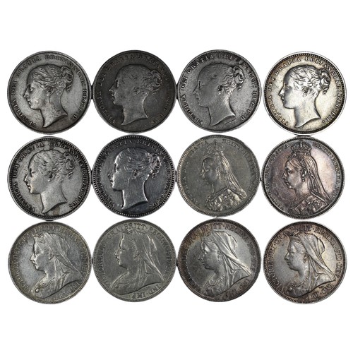 85 - Shillings (12), all Victoria including 1842, 1844, 1859, 1870 (Die #18), 1875 (Die #49/48?), 1877 (D... 