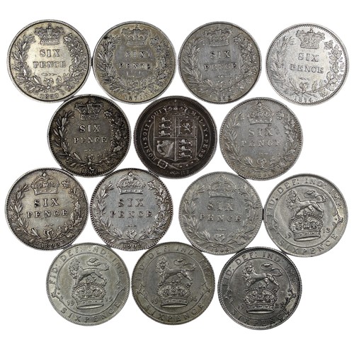 67 - Sixpence (14) including 1859, 1871 (Die #23), 1873 (Die #82), 1874 (Die #51), 1878 (Die #4), 1887 (w... 