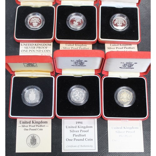 243 - Silver proof piedfort £1 coins (6) including 1984, 1985, 1987, 1988, 1994 & 1998. The last with ... 