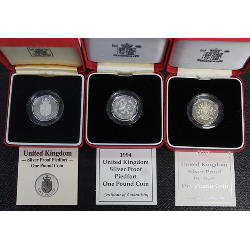 243 - Silver proof piedfort £1 coins (6) including 1984, 1985, 1987, 1988, 1994 & 1998. The last with ... 