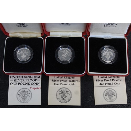 243 - Silver proof piedfort £1 coins (6) including 1984, 1985, 1987, 1988, 1994 & 1998. The last with ... 