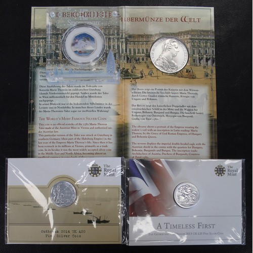 299 - A mixed assortment of UK & world silver (4) comprising 2 x £20 coins in Royal Mint packs, ... 