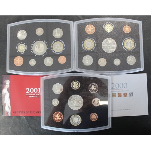 284 - Royal Mint proof sets (3) Comprising 2000, 2001 & 2002. In original Royal Mint cases but without... 