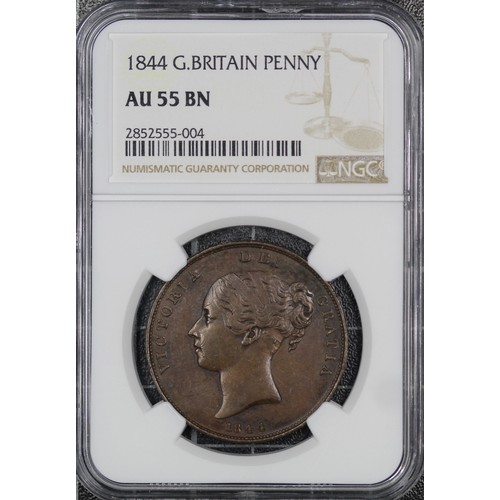 34 - 1844 Penny, NGC AU55 BN, Victoria. 4's with serifs, DEI fully recut in legend. gVF/aEF. [Peck 1528, ... 