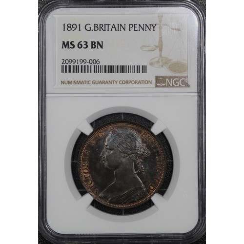 38 - 1891 Penny, NGC MS63 BN, Victoria. Deep chocolate tones centrally with peripheral mint flashes throu... 