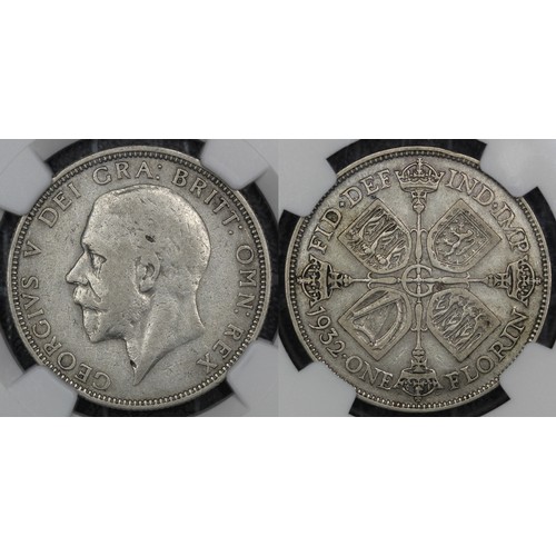 91 - 1932 Florin, NGC VF20, George V. Obverse bare head facing left, Rev. cruciform shield with crowned s... 