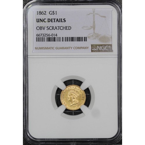 223 - USA, 1862 gold $1, NGC UNC Details. A extremely attractive coin with strong lustre, unfortunately aw... 