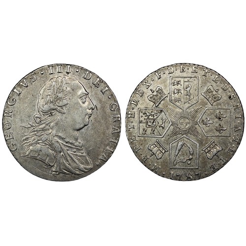 63 - 1787 Sixpence, George III. Semée of hearts in Hanoverian Arms. Cleaned and with scratch below bust. ... 