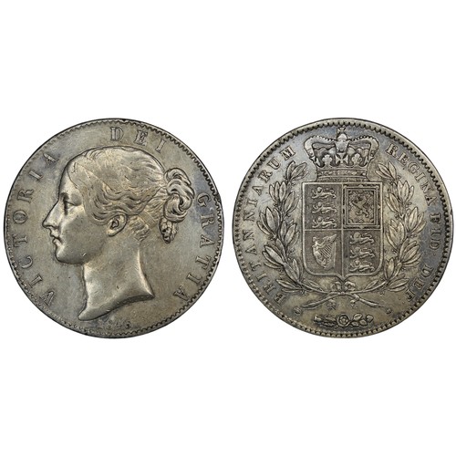 116 - 1845 Crown, Victoria. Cinquefoil stops on edge. Some uneven toning otherwise VF, perhaps better in p... 