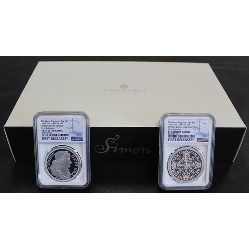 290A - PF70 Ultra Cameo 2023 Great Engravers Petition Crown silver proof 2oz 2-coin set. Featuring the icon... 